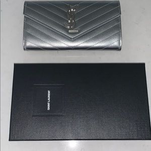 YSL Monogram Medium Flap Wallet Metallic Silver